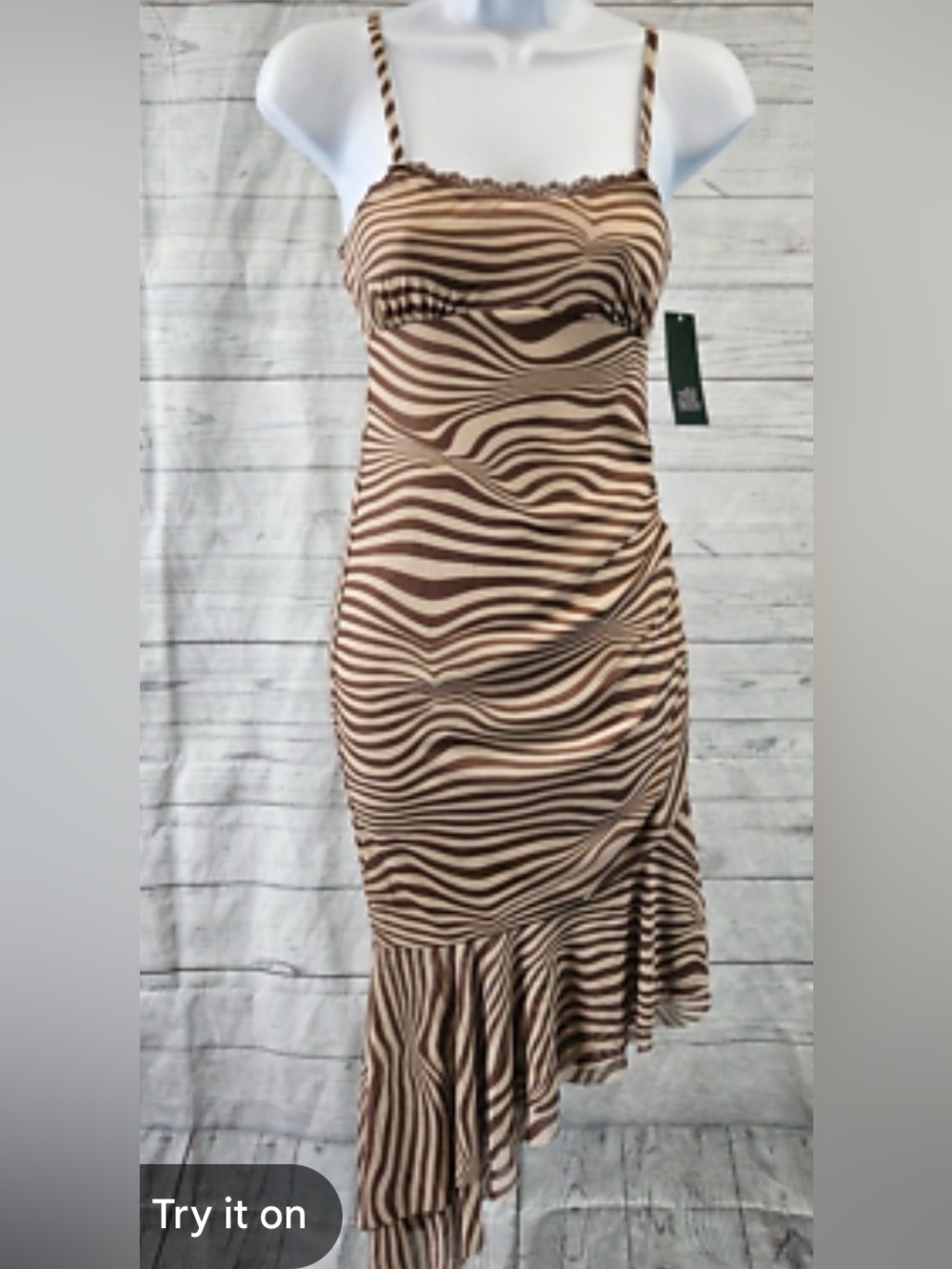 Brown Zebra-Print Asymmetrical Slip Dress